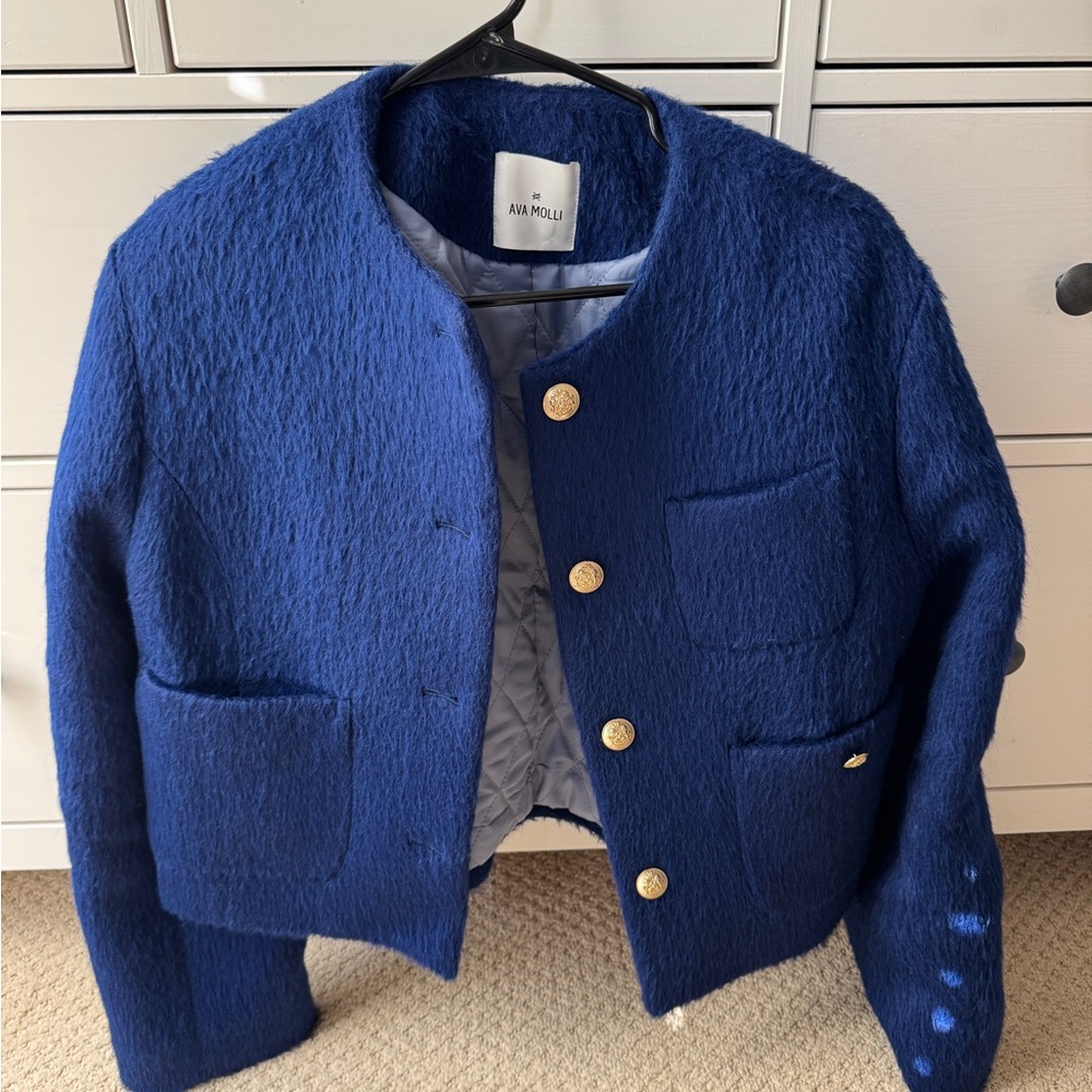 Blue Textured Alpaca Wool Jacket from Korea Designer